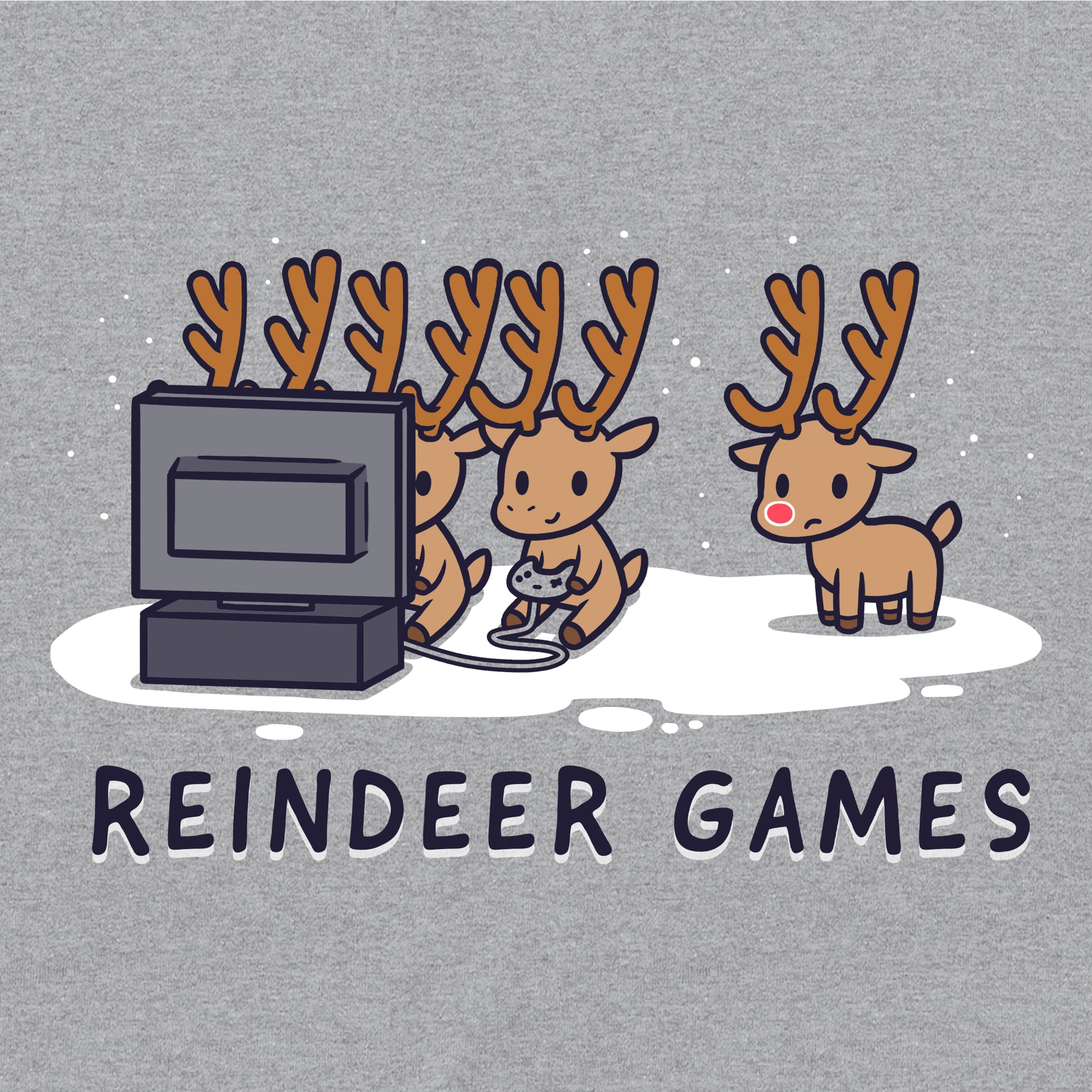 Crew Neck Sweatshirt_TeeTurtle Reindeer Games heather gray t-shirt featuring Christmas reindeer playing video games