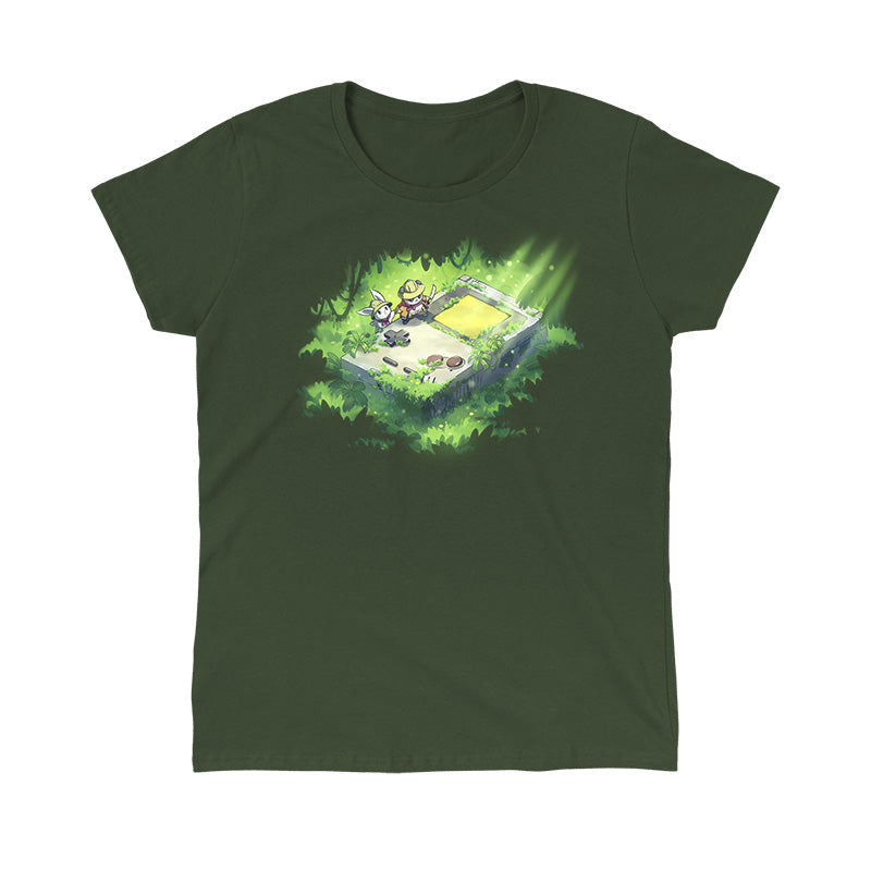 Classic Cotton T-shirt_TeeTurtle forest green Relics of the Past apparel featuring a panda and a bunny wearing explorer outfits climbing over a gigantic handheld video gaming device that’s overgrown with plants in a jungle.