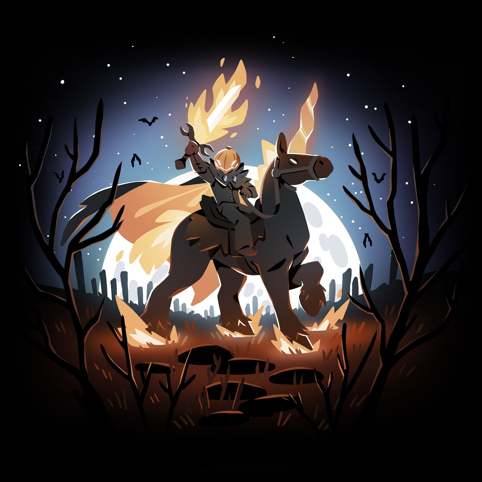 Pullover Hoodie_TeeTurtle black Return of the Halloween Knight featuring a knight with a pumpkin head and flaming sword riding a horse in a spooky forest.