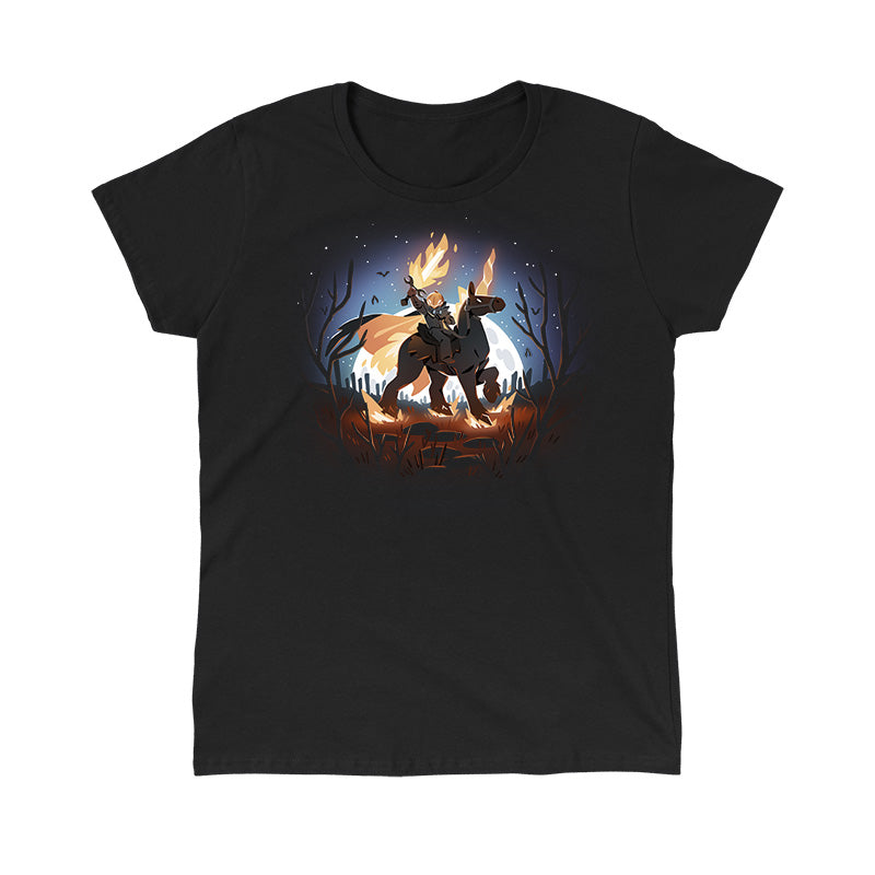 Classic Cotton T-shirt_TeeTurtle black Return of the Halloween Knight featuring a knight with a pumpkin head and flaming sword riding a horse in a spooky forest.