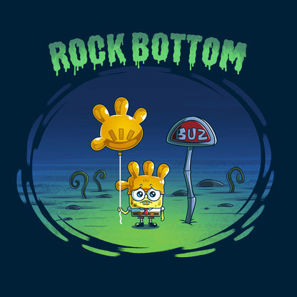 Long Sleeve T-shirt_TeeTurtle navy blue SpongeBob Rock Bottom apparel featuring SpongeBob Square Pants holding a yellow balloon that looks like a four fingered hand while wearing a second simliar balooon on his head as a hat. He looks sad and he's next to a "Buz" sign.The words "Rock Bottom" are on top in green and they look like they are melting or dripping. 