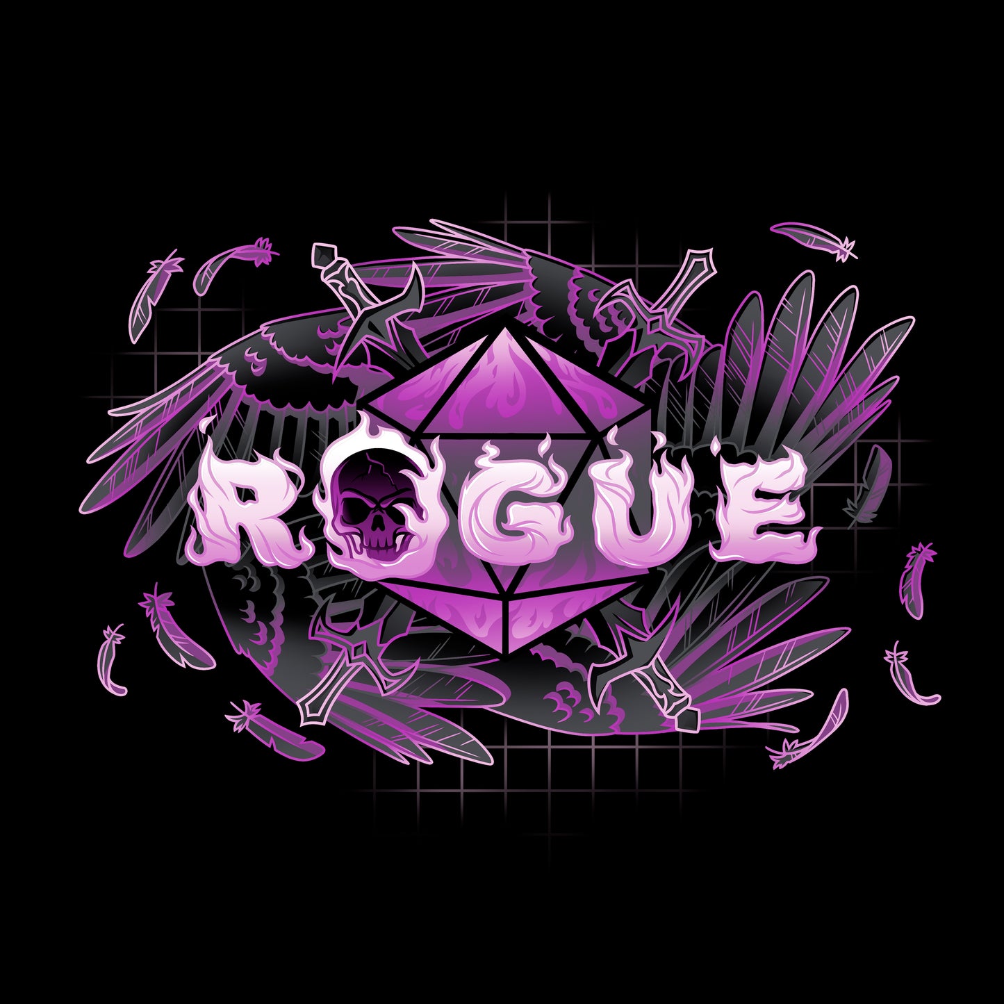 Classic Cotton T-shirt_TeeTurtle black Rogue Class apparel featuring the word 'ROGUE' in flaming font with a D20. skull, swords, and feathered wings around it. 