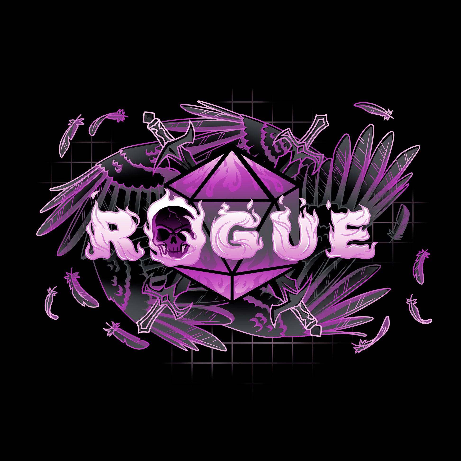 Classic Cotton T-shirt_TeeTurtle black Rogue Class apparel featuring the word 'ROGUE' in flaming font with a D20. skull, swords, and feathered wings around it. 
