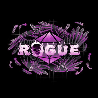 Classic Cotton T-shirt_TeeTurtle black Rogue Class apparel featuring the word 'ROGUE' in flaming font with a D20. skull, swords, and feathered wings around it. 