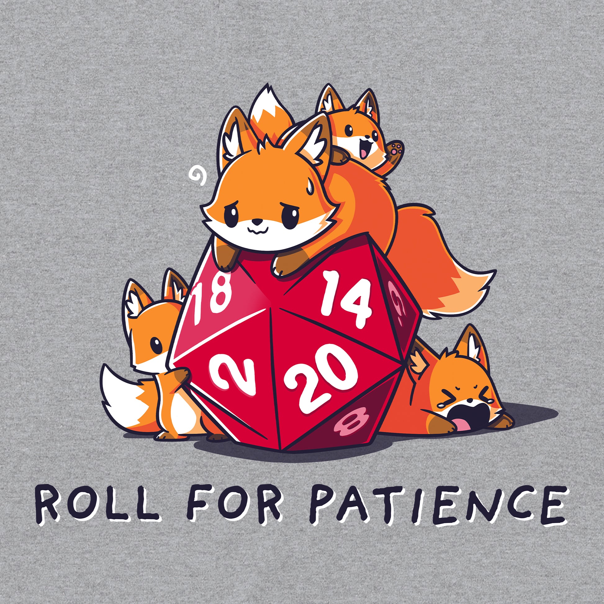 Classic Cotton T-shirt_TeeTurtle Roll for Patience heather gray t-shirt featuring one large orange fox looking worn out and three smaller foxes playing around a red 20-sided tabletop gaming die with "ROLL FOR PATIENCE" written below.