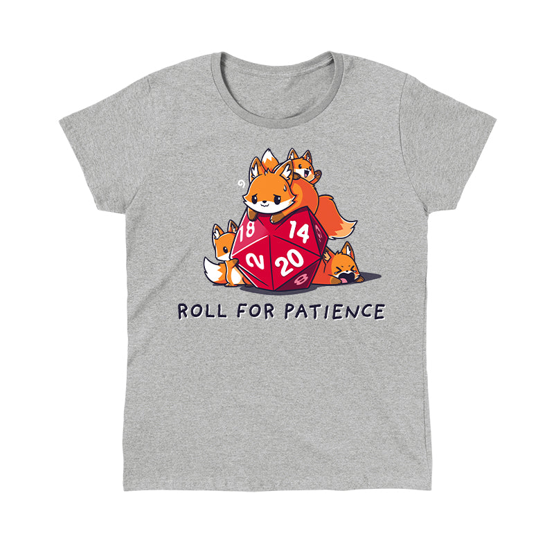 Classic Cotton T-shirt_TeeTurtle Roll for Patience heather gray t-shirt featuring one large orange fox looking worn out and three smaller foxes playing around a red 20-sided tabletop gaming die with "ROLL FOR PATIENCE" written below.