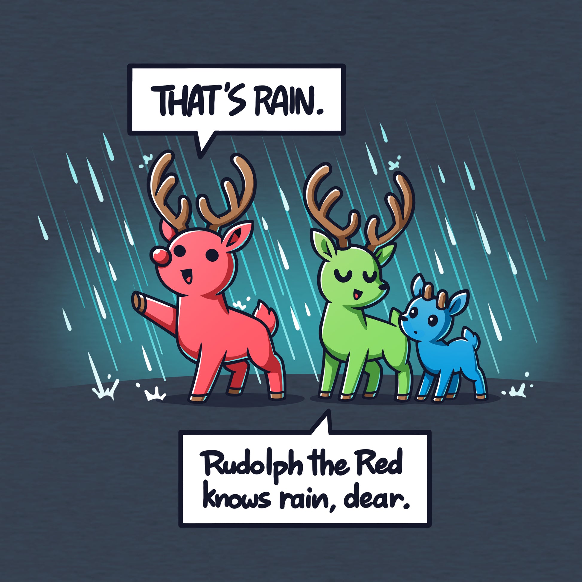 Classic Cotton T-shirt_TeeTurtle heather navy Rudolph The Red Knows Rain, Dear apparel featuring a red deer, green deer, and blue deer in the rain with the red deer pointing out the rain.