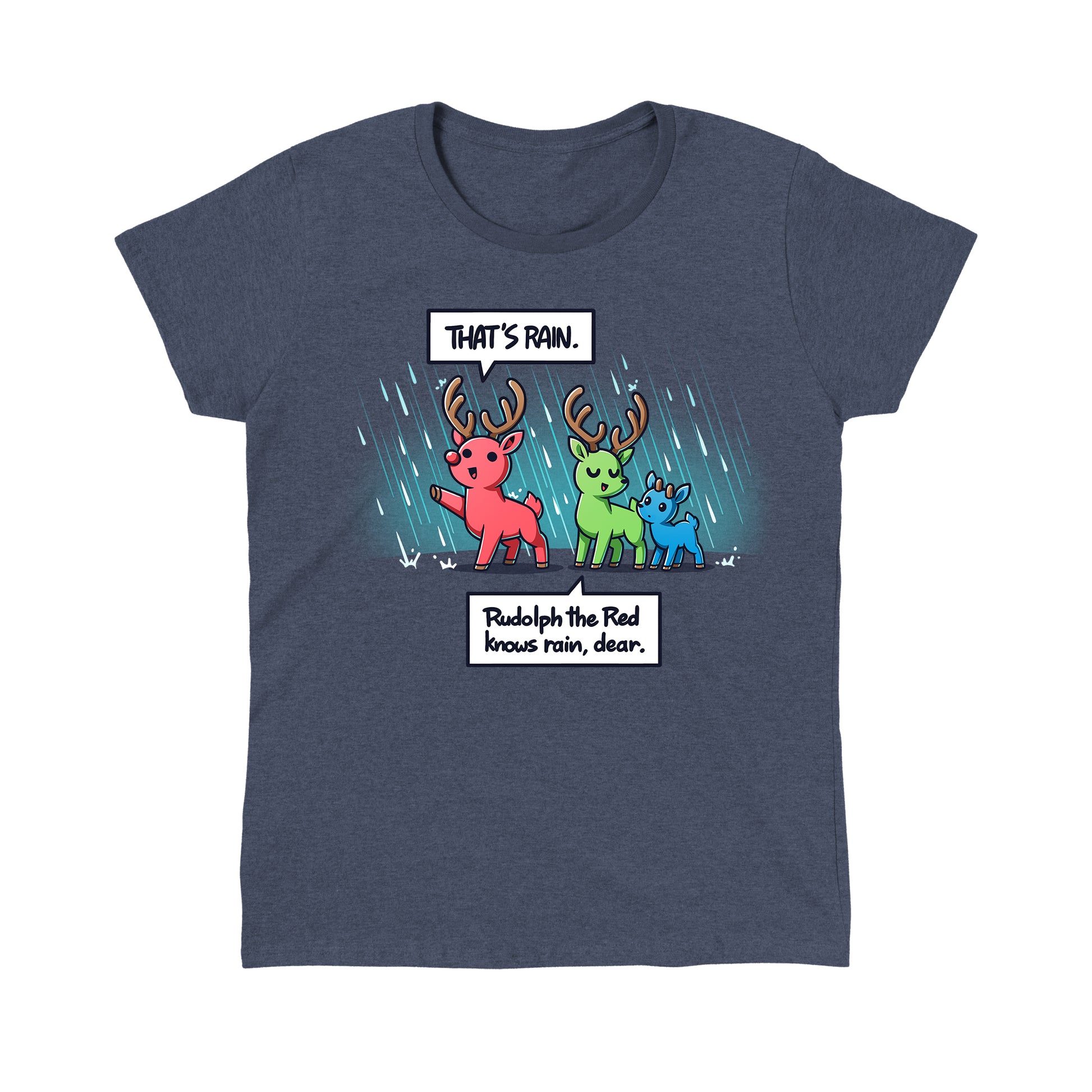 Classic Cotton T-shirt_TeeTurtle heather navy Rudolph The Red Knows Rain, Dear apparel featuring a red deer, green deer, and blue deer in the rain with the red deer pointing out the rain.