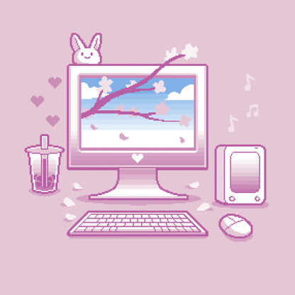 Classic Cotton T-shirt_TeeTurtle Sakura Setup light pink t-shirt featuring pixel art of a desktop computer setup in pink hues. The screen displays cherry blossoms and blue sky. A bubble tea, bunny, and musical notes adorn the scene. A keyboard and mouse are positioned below.