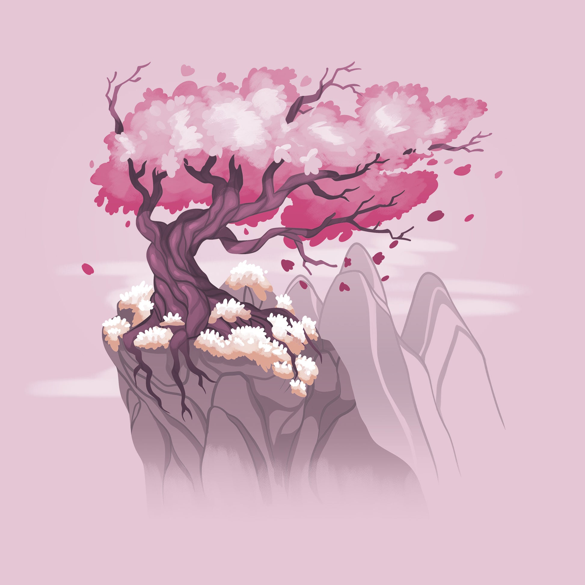 Classic Cotton T-shirt_TeeTurtle Sakura Tree light pink t-shirt featuring an illustration of a pink cherry blossom tree on a rocky cliff with mountains in the background. Blossoms and petals are being blown in the wind. 