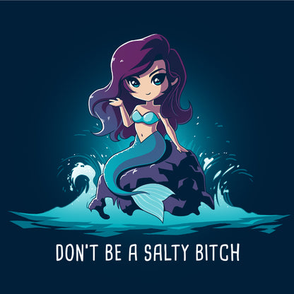 Pullover Hoodie_TeeTurtle Salty Beach navy blue t-shirt featuring a magical purple-haired mermaid with a teal tail sitting on a rock in the ocean, with the pun "Don't be a Salty Beach" at the bottom.