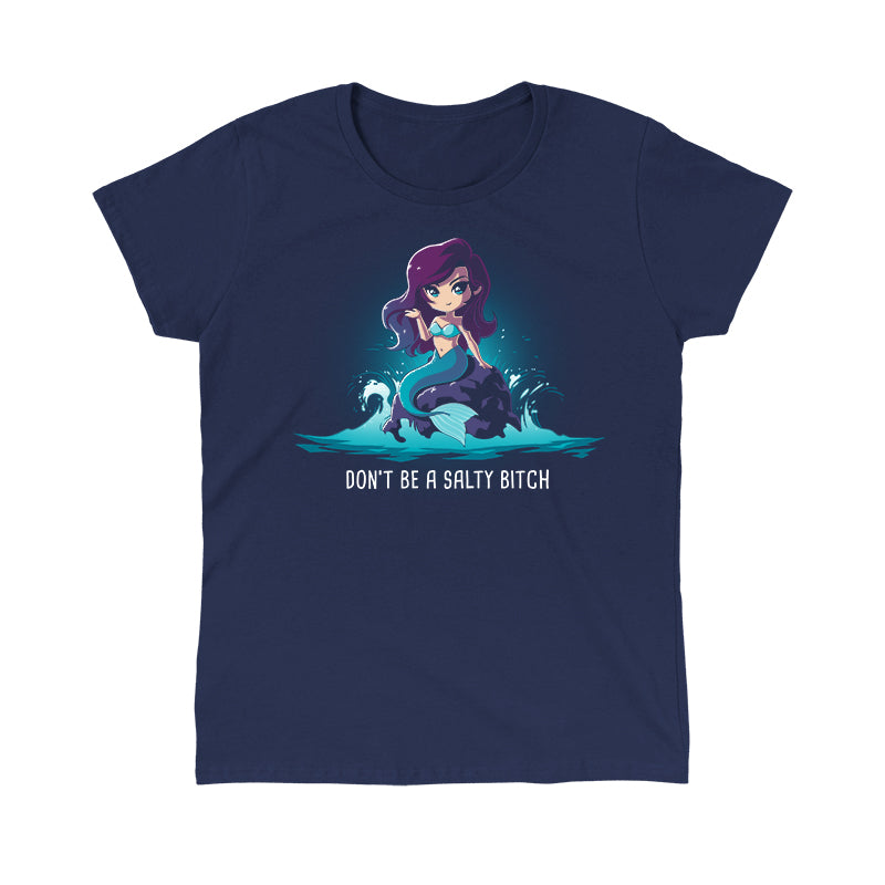 Classic Cotton T-shirt_TeeTurtle Salty Beach navy blue t-shirt featuring a magical purple-haired mermaid with a teal tail sitting on a rock in the ocean, with the pun "Don't be a Salty Beach" at the bottom.