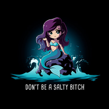 Classic Cotton T-shirt_TeeTurtle Salty Beach navy blue t-shirt featuring a magical purple-haired mermaid with a teal tail sitting on a rock in the ocean, with the pun "Don't be a Salty Beach" at the bottom.