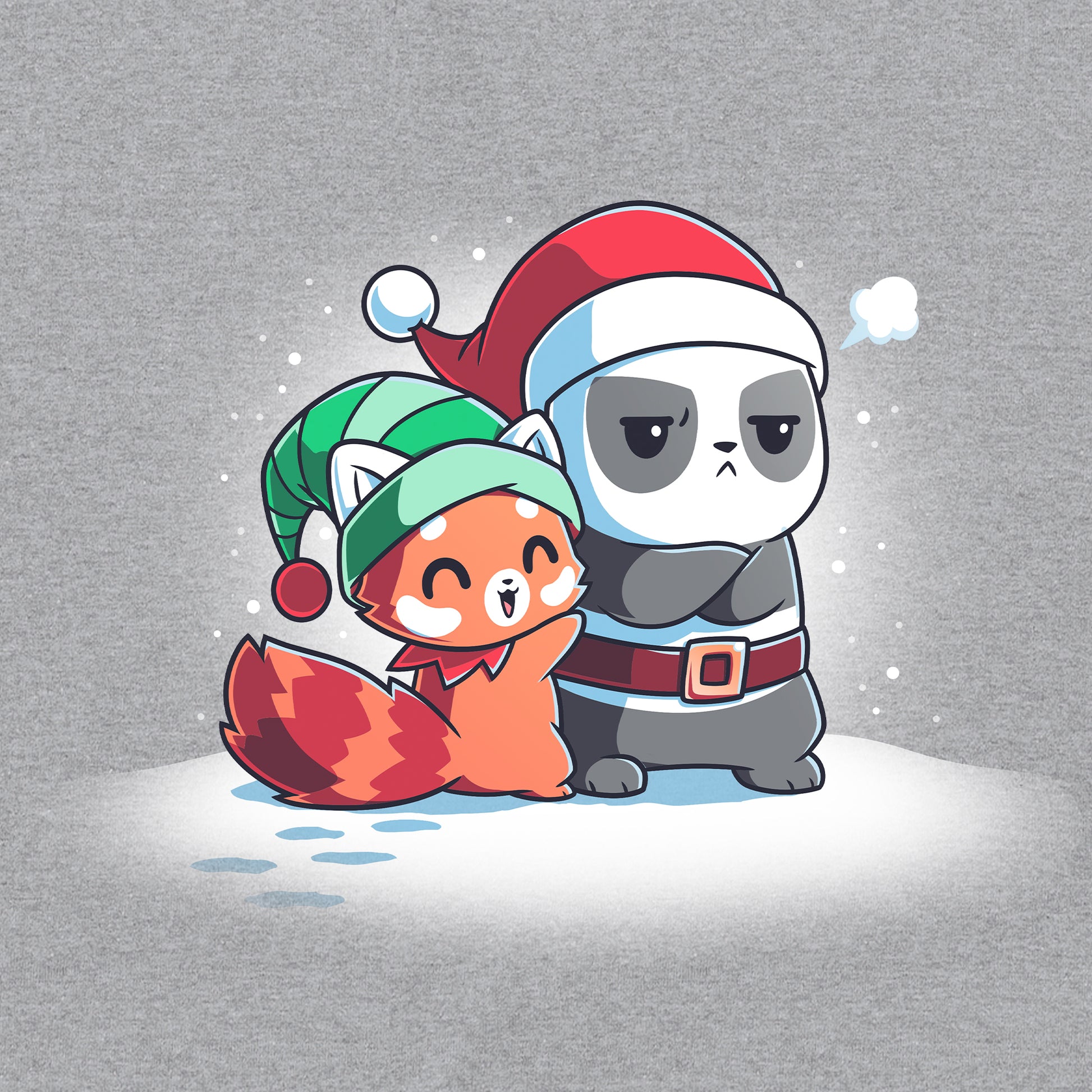 Classic Cotton T-shirt_TeeTurtle Santa Hug heather gray t-shirt featuring a red panda wearing a green elf hat, hugging a grumpy panda dressed as Santa Claus on a snowy ground.