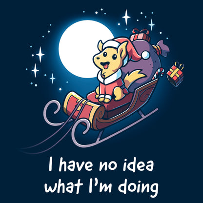 Classic Cotton T-shirt_TeeTurtle navy blue Santa Paws apparel featuring a dog dressed as Santa riding in a sleigh in the moonlit sky with presents flying off, and the caption, "I Have No Idea What I'm Doing".