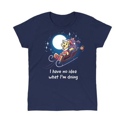 Classic Cotton T-shirt_TeeTurtle navy blue Santa Paws apparel featuring a dog dressed as Santa riding in a sleigh in the moonlit sky with presents flying off, and the caption, "I Have No Idea What I'm Doing".