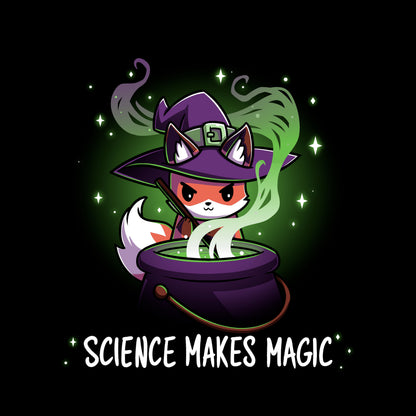 Classic Cotton T-shirt_TeeTurtle Science Makes Magic black t-shirt featuring a fantasy fox wearing a purple witch hat, stirring a cauldron with green smoke and sparkles rising. Text below reads, "SCIENCE MAKES MAGIC."