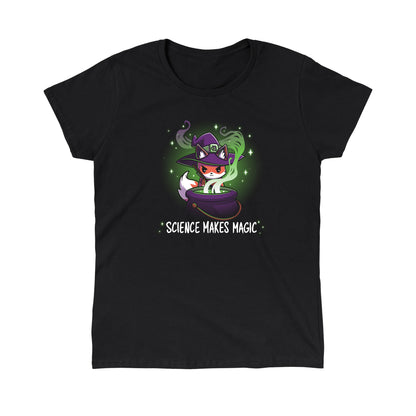 Classic Cotton T-shirt_TeeTurtle Science Makes Magic black t-shirt featuring a fantasy fox wearing a purple witch hat, stirring a cauldron with green smoke and sparkles rising. Text below reads, "SCIENCE MAKES MAGIC."