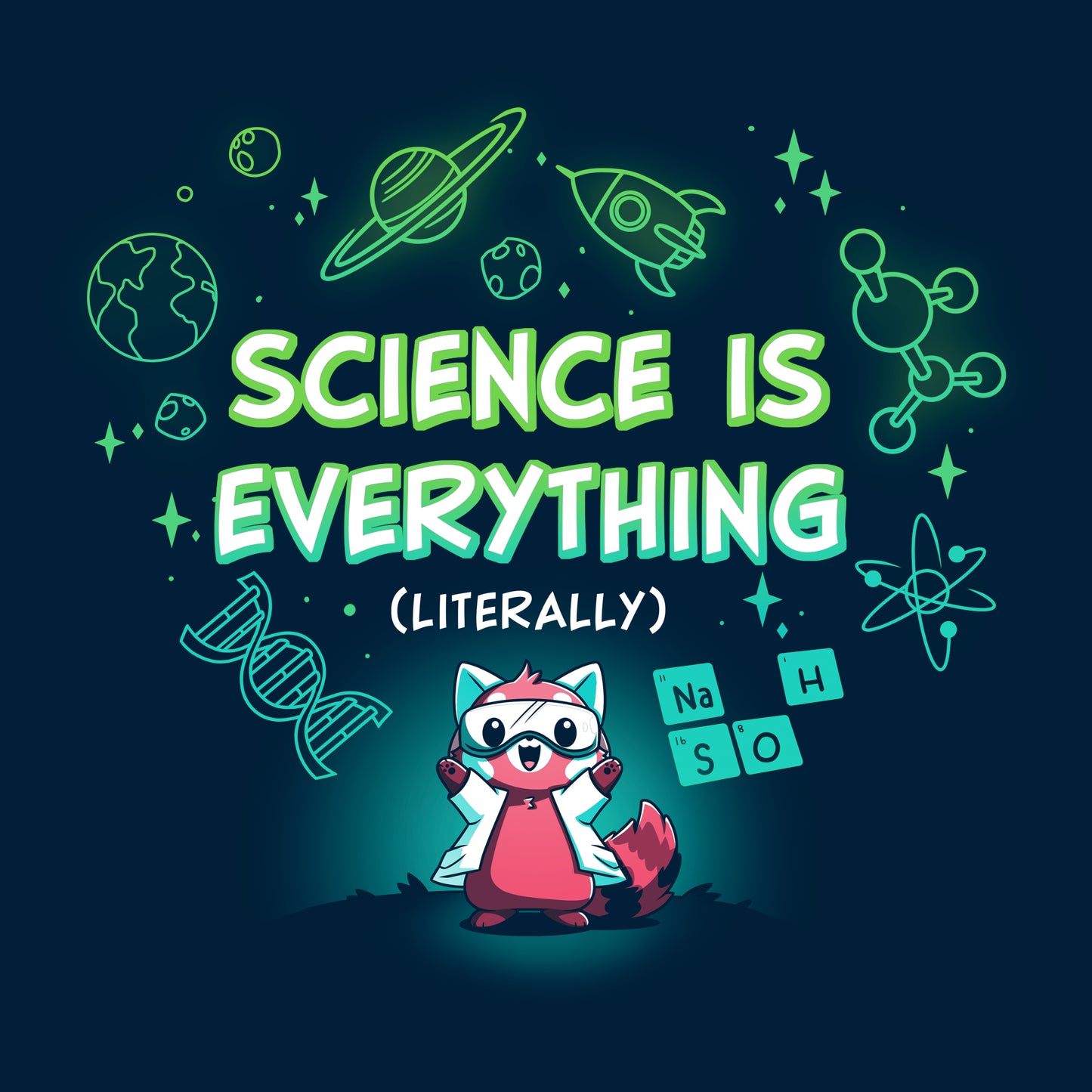 Classic Cotton T-shirt_TeeTurtle Science is Literally Everything navy blue t-shirt featuring a red panda with goggles on surrounded by science things.