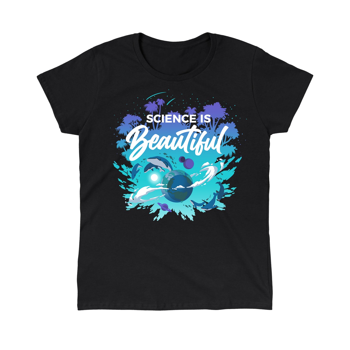 Classic Cotton T-shirt_TeeTurtle Science Is Beautiful black t-shirt featuring the phrase "Science is Beautiful," with images of whales, planets, and tropical trees surrounding Earth in a splash of vibrant blues and greens.