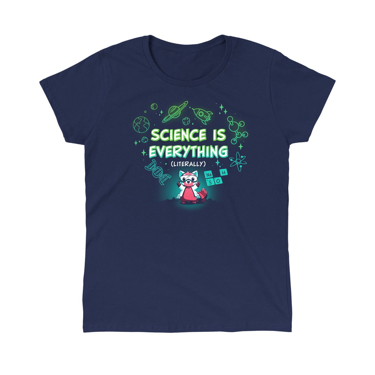 Classic Cotton T-shirt_TeeTurtle Science is Literally Everything navy blue t-shirt featuring a red panda with goggles on surrounded by science things.