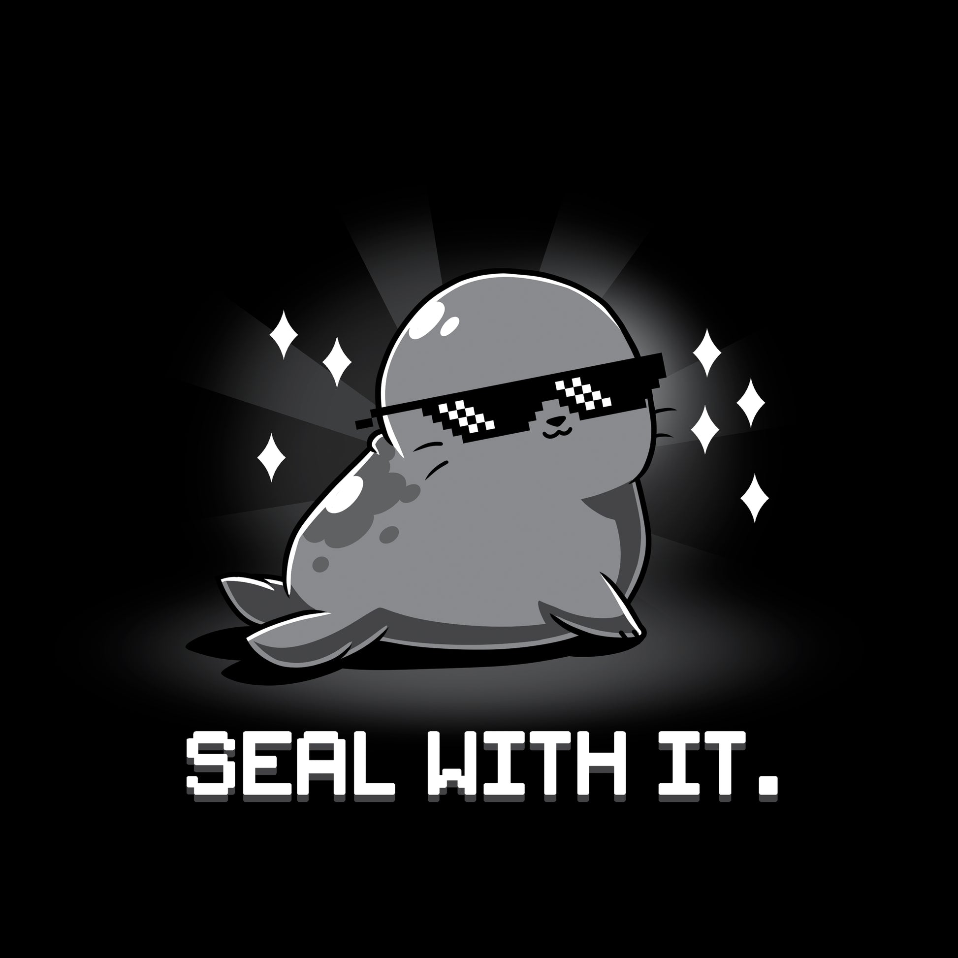 Classic Cotton T-shirt_Teeturtle Seal With It. Black Featuring a smug, sunglasses-wearing seal surrounded by sparkling diamonds with 'Seal with it.' written beneath.