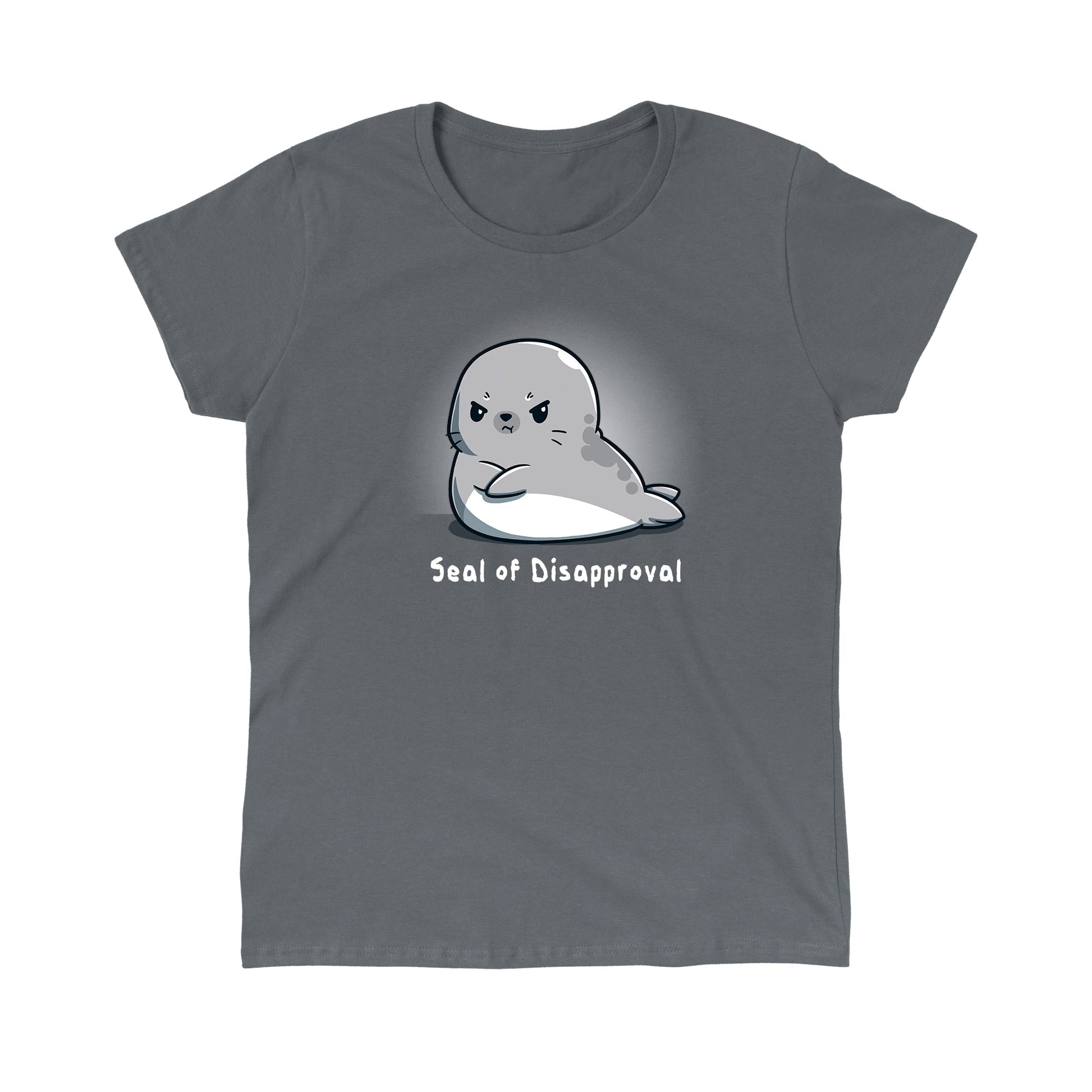 Classic Cotton T-shirt_A cartoon seal with a grumpy facial expression, arms crossed, adorns this Seal of Disapproval apparel from monsterdigital made from super soft ringspun cotton in a stylish charcoal gray.