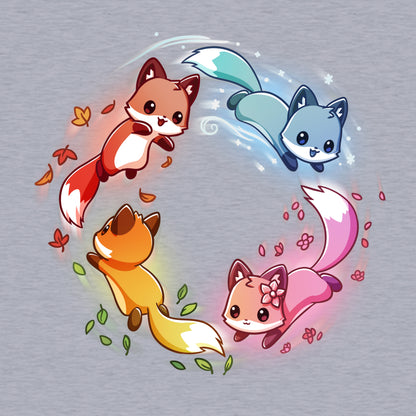 Pullover Hoodie_TeeTurtle heather gray Seasonal Foxes apparel featuring a pink spring fox, gold summer fox, orange autumn fox, and blue winter fox chasing each other in a circle.