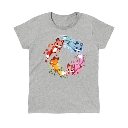 Classic Cotton T-shirt_TeeTurtle heather gray Seasonal Foxes apparel featuring a pink spring fox, gold summer fox, orange autumn fox, and blue winter fox chasing each other in a circle.