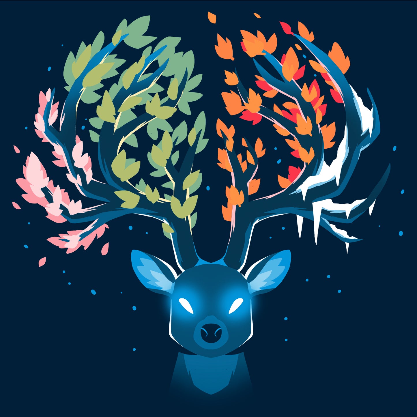 Long Sleeve T-shirt_Teeturtle Seasonal Stag Navy Blue Featuring a stylized stag with glowing eyes and the tines of its horns covered in leaves of various colors as well as frost, representing each of nature's four seasons.