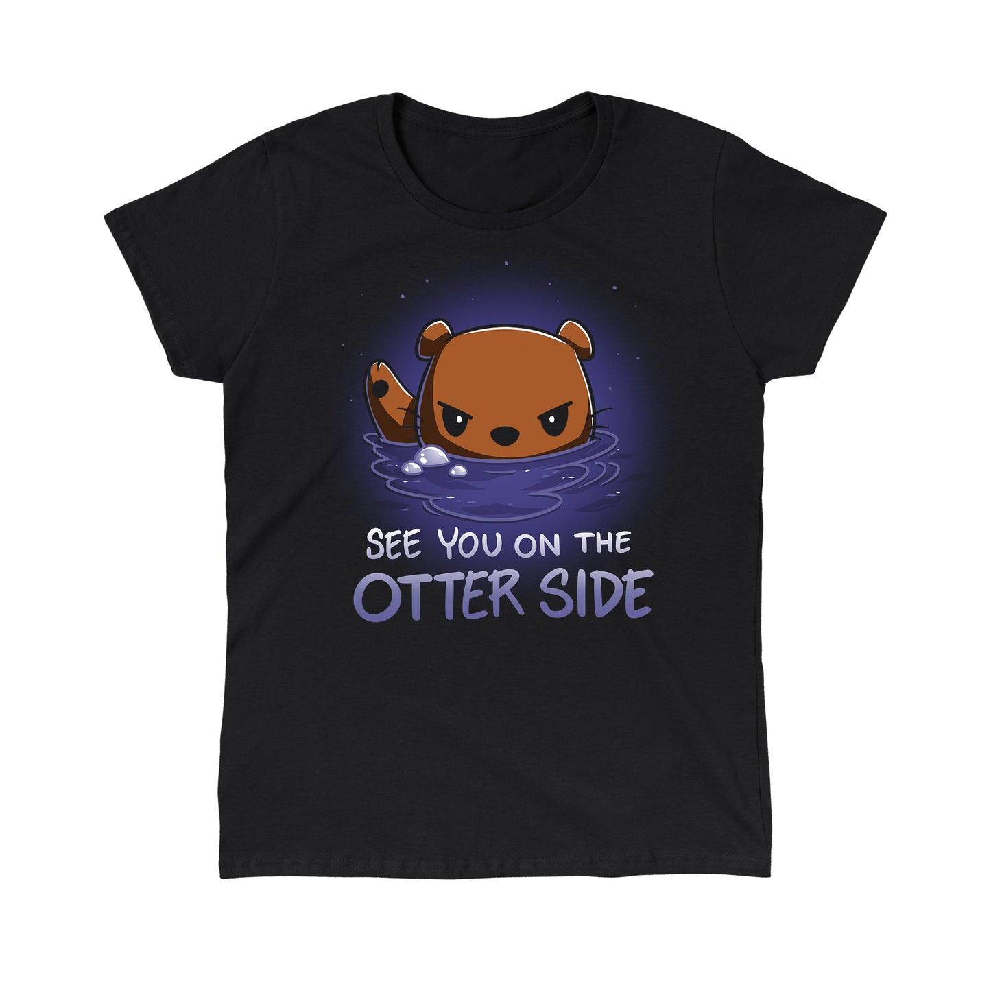 Classic Cotton T-shirt_TeeTurtle See you on the Otter Side black t-shirt featuring sarcastic cartoon otter with a serious expression partially submerged in water with bubbles around.