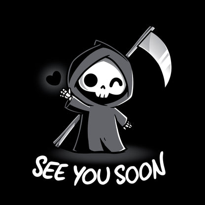  Classic Cotton T-shirt_TeeTurtle See You Soon black t-shirt featuring a spooky cartoon Grim Reaper holding a scythe, waving, and a floating black heart next to it, with the text below that says in dark humor "SEE YOU SOON". 