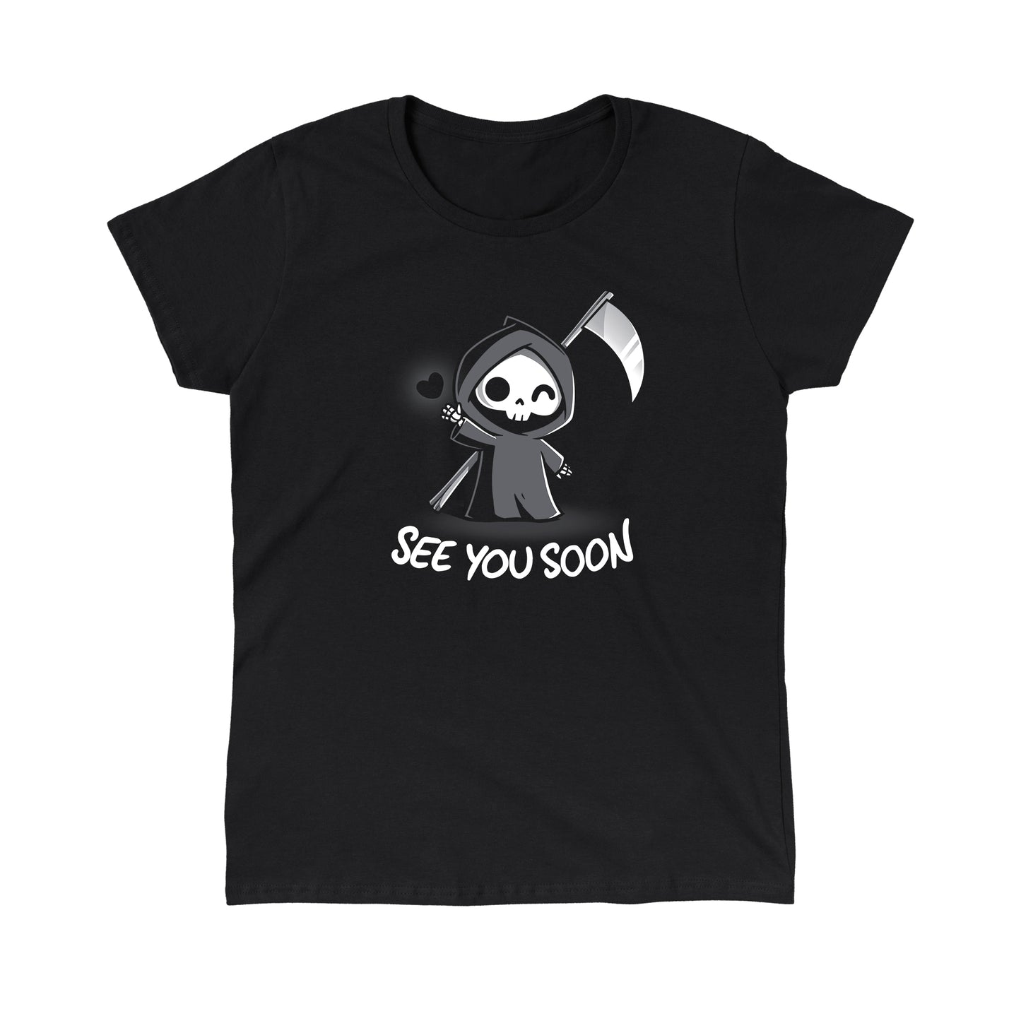  Classic Cotton T-shirt_TeeTurtle See You Soon black t-shirt featuring a spooky cartoon Grim Reaper holding a scythe, waving, and a floating black heart next to it, with the text below that says in dark humor "SEE YOU SOON". 