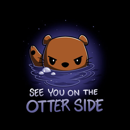 Pullover Hoodie_TeeTurtle See you on the Otter Side black t-shirt featuring sarcastic cartoon otter with a serious expression partially submerged in water with bubbles around.