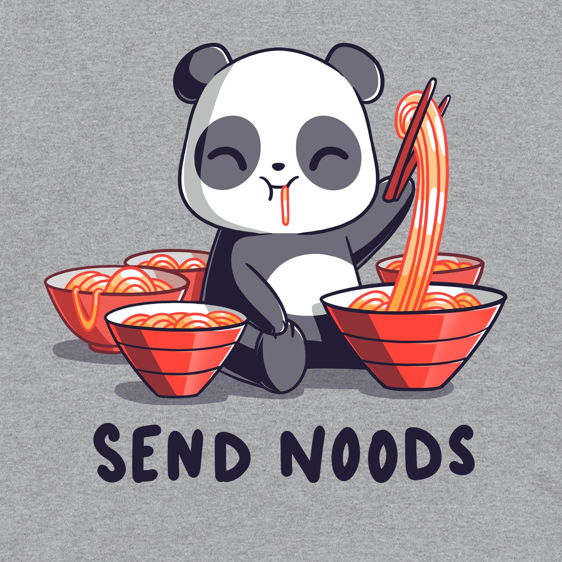 Classic Cotton T-shirt_A cartoon panda joyfully eating noodles with chopsticks, surrounded by bowls of noodles. Text at the bottom reads, "SEND NOODS." Made from super soft ringspun cotton, this unisex Send Noods apparelby monsterdigital is perfect for noodle lovers everywhere.