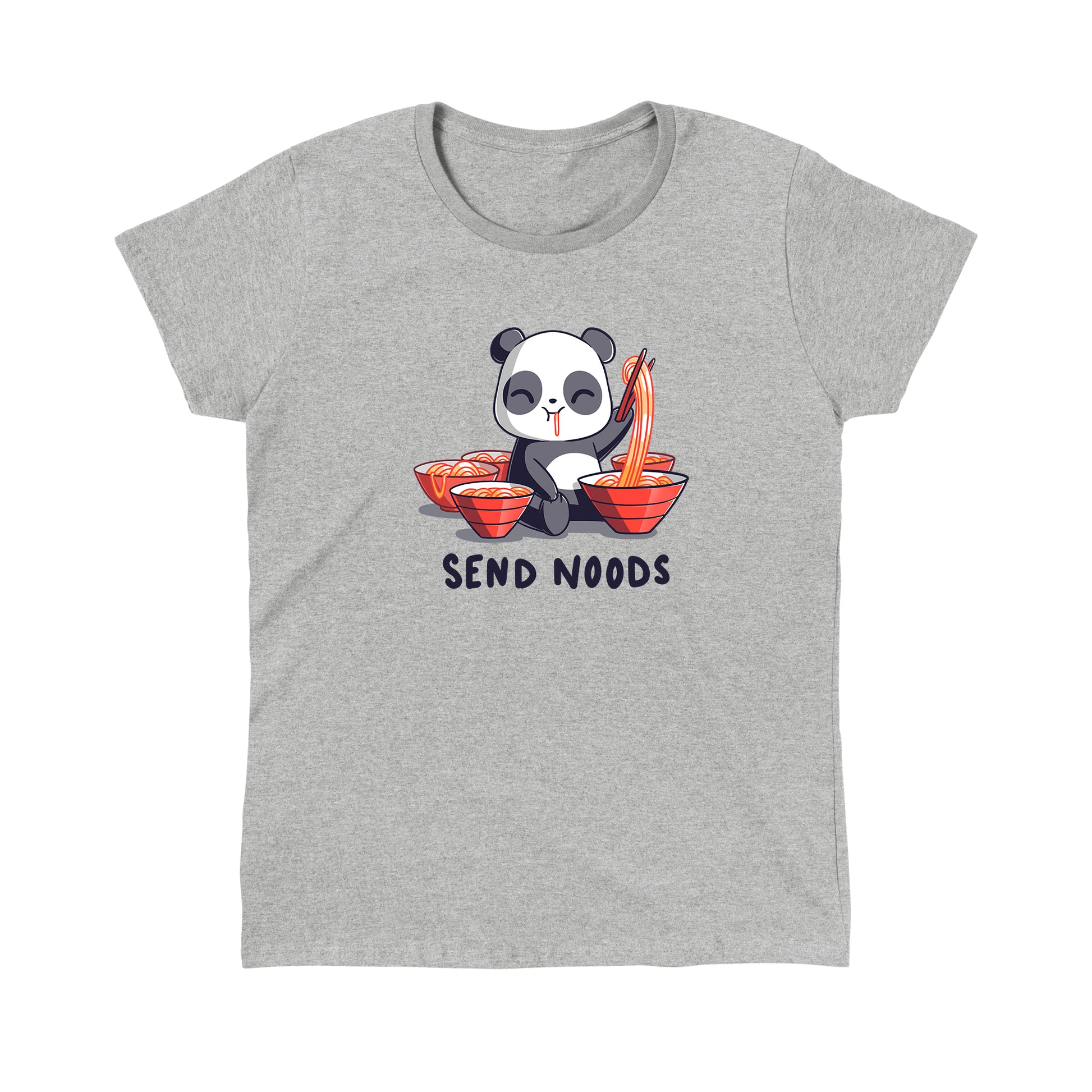 Classic Cotton T-shirt_A cartoon panda joyfully eating noodles with chopsticks, surrounded by bowls of noodles. Text at the bottom reads, "SEND NOODS." Made from super soft ringspun cotton, this unisex Send Noods apparelby monsterdigital is perfect for noodle lovers everywhere.