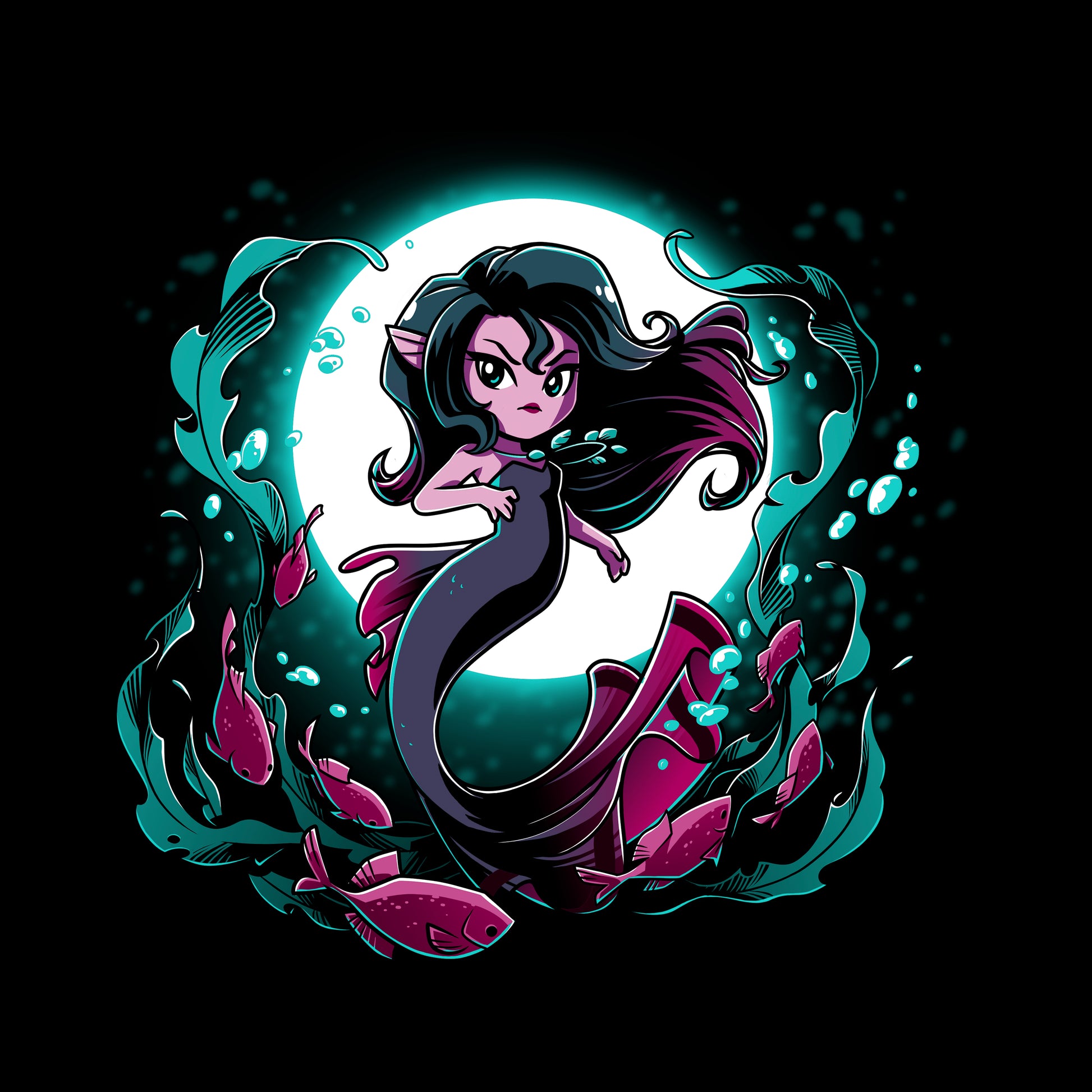 Classic Cotton T-shirt_TeeTurtle Shadow Siren black t-shirt featuring a dark and dangerous mermaid in front of a full moon with fish and seaweed around her.