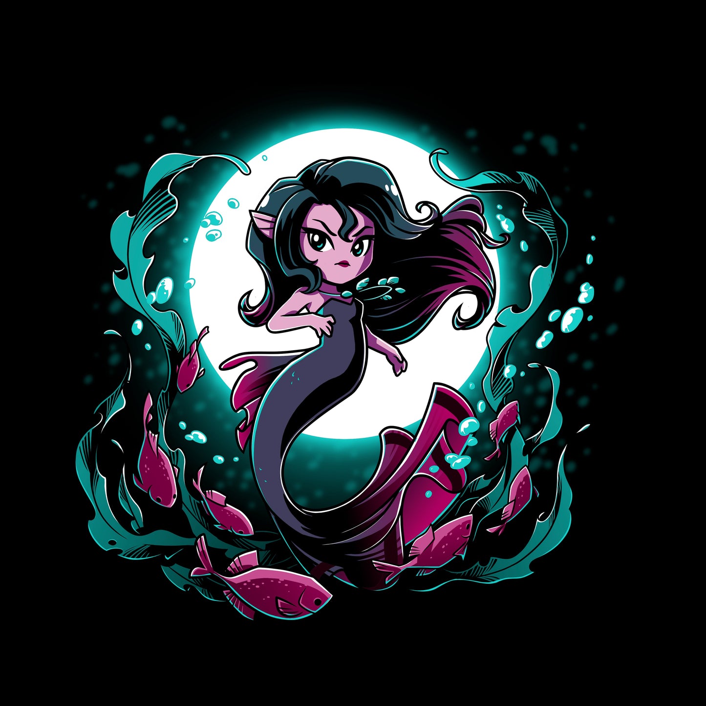 Crew Neck Sweatshirt_TeeTurtle Shadow Siren black design featuring a dark and dangerous mermaid in front of a full moon with fish and seaweed around her.