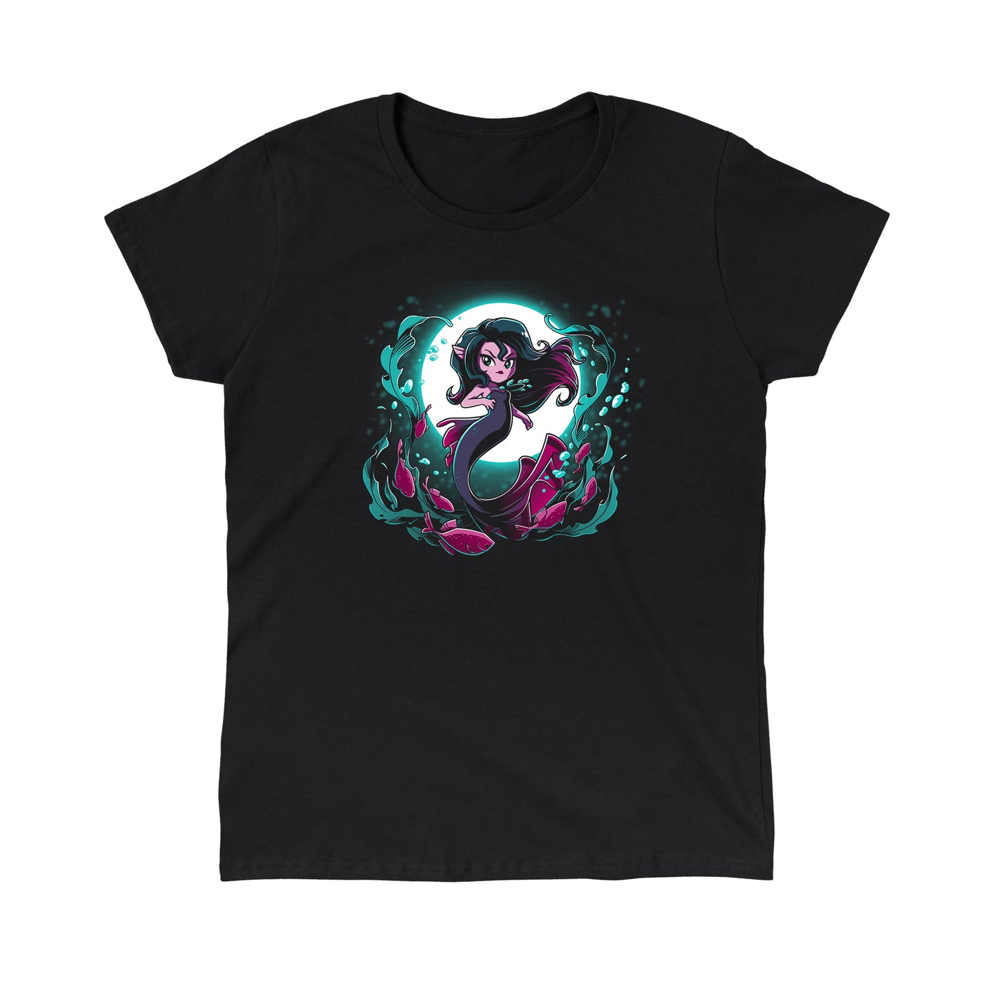 Classic Cotton T-shirt_TeeTurtle Shadow Siren black t-shirt featuring a dark and dangerous mermaid in front of a full moon with fish and seaweed around her.