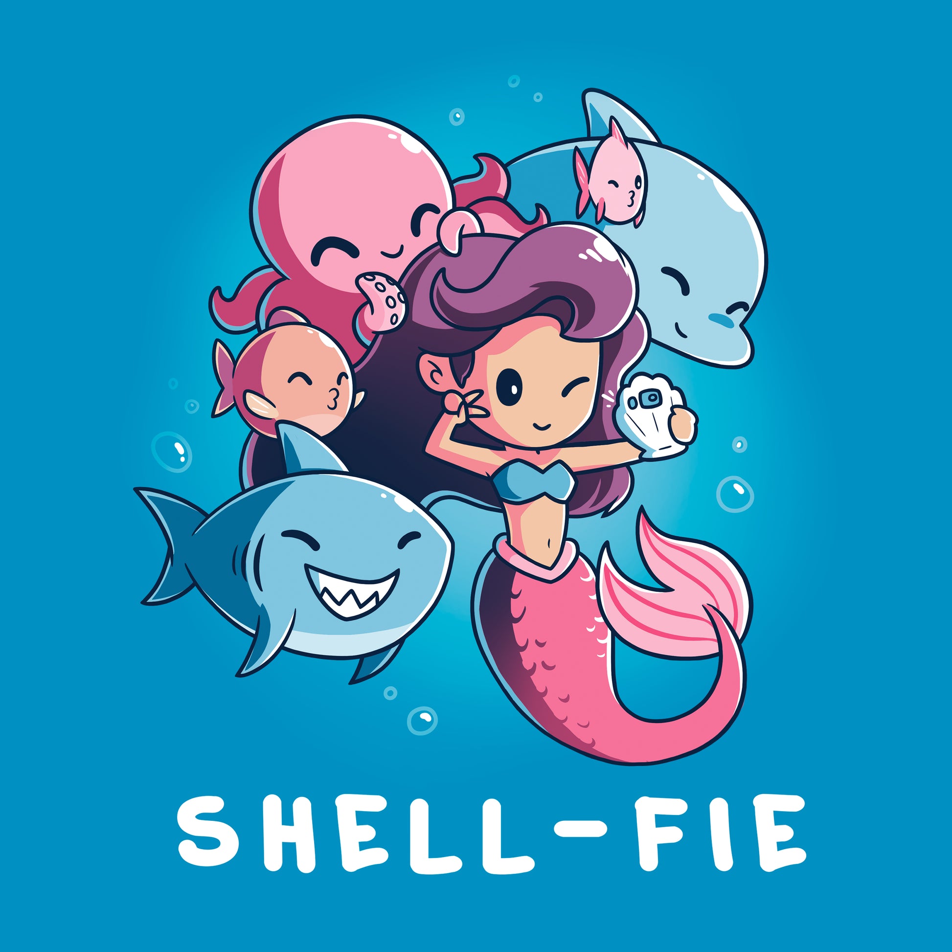 Classic Cotton T-shirt_TeeTurtle Shell-fie sapphire blue t-shirt featuring a mermaid takes a selfie underwater, surrounded by smiling sea creatures.