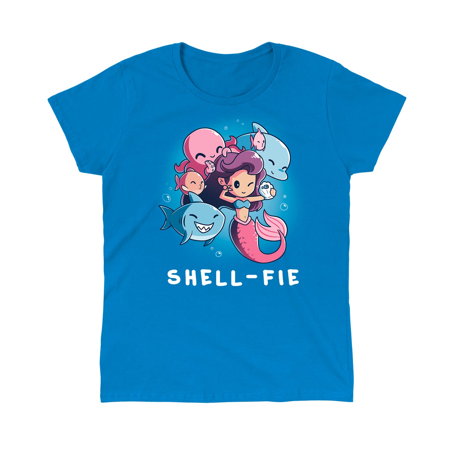 Classic Cotton T-shirt_TeeTurtle Shell-fie sapphire blue t-shirt featuring a mermaid takes a selfie underwater, surrounded by smiling sea creatures.