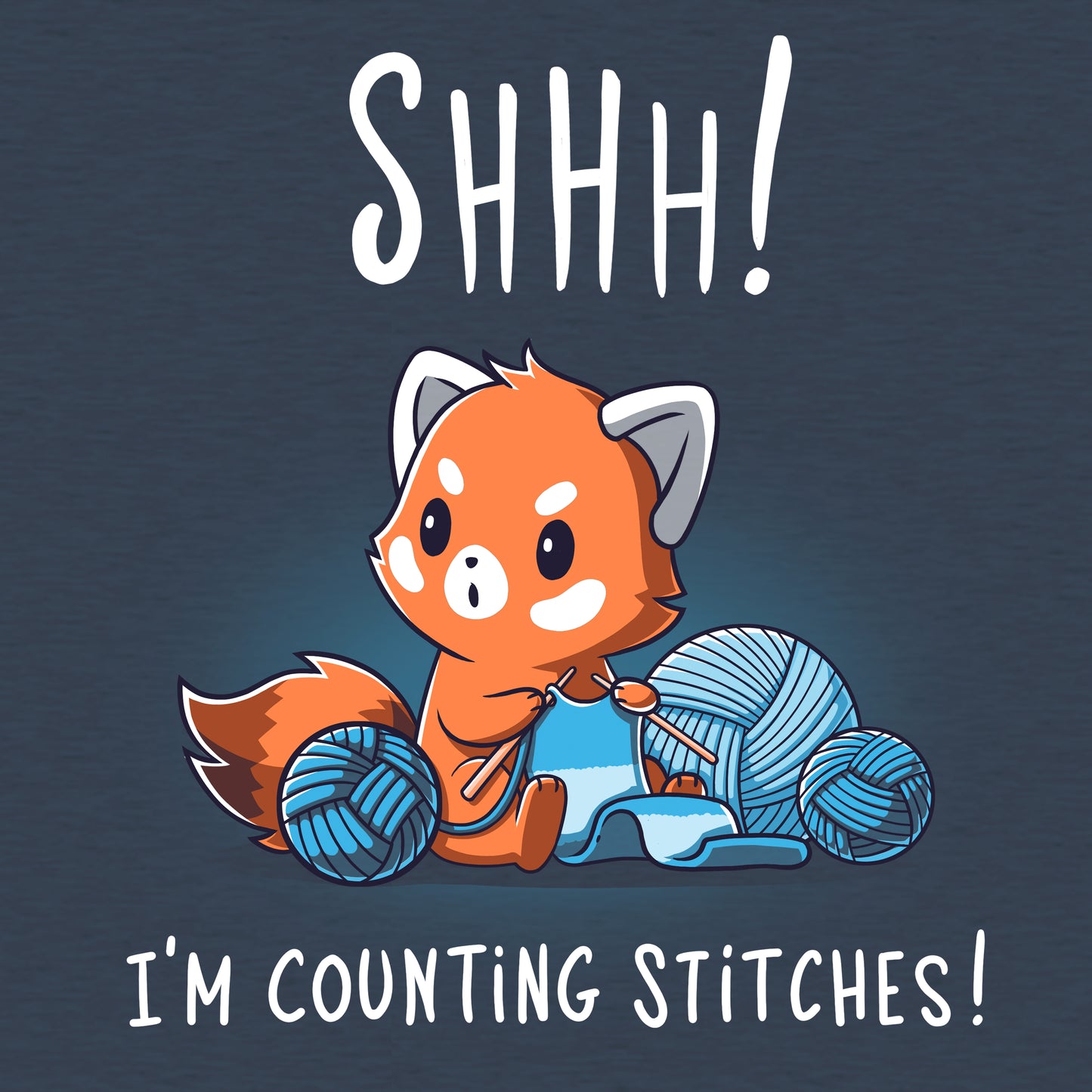 Classic Cotton T-shirt_Teeturtle Shhh! I'm Counting Stitches! heather navy t-shirt featuring a red panda is knitting with blue yarn. The text reads "Shhh! I'm Counting Stitches!" 