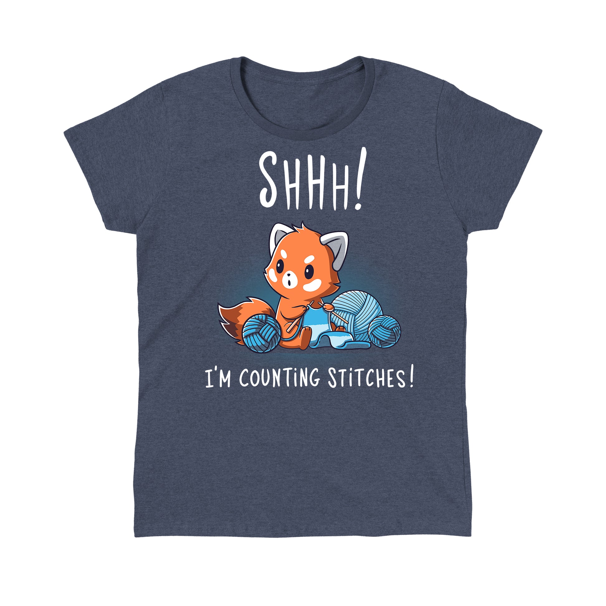 Classic Cotton T-shirt_Teeturtle Shhh! I'm Counting Stitches! heather navy t-shirt featuring a red panda is knitting with blue yarn. The text reads "Shhh! I'm Counting Stitches!" 