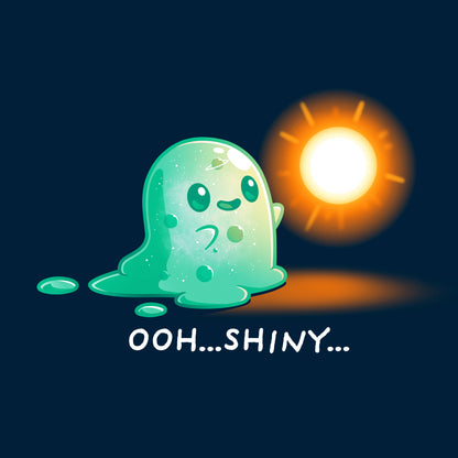 Classic Cotton T-shirt_TeeTurtle Shiny Distraction navy blue t-shirt featuring a slime creature staring in awe at a glowing, golden orb.
