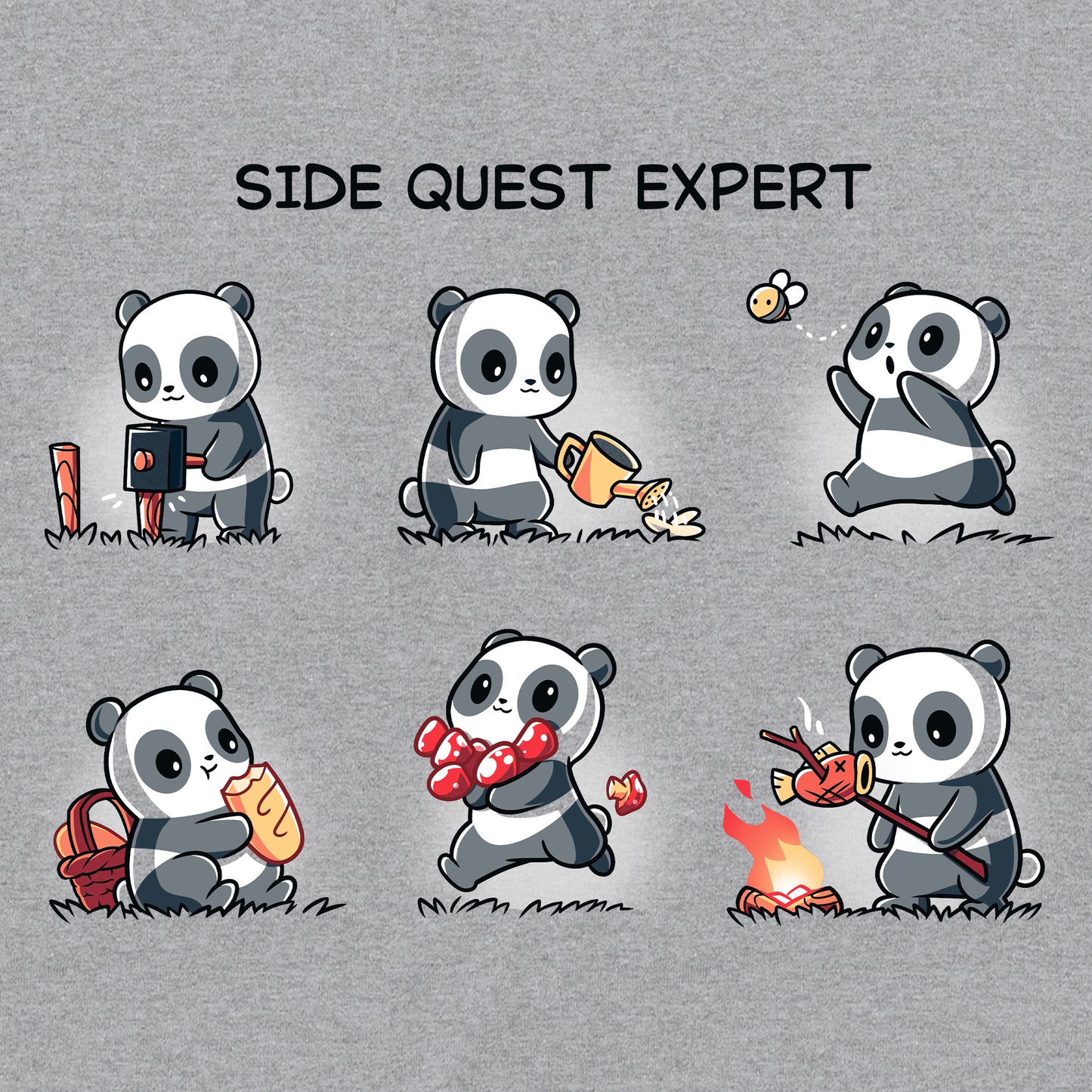 Classic Cotton T-shirt_TeeTurtle Side Quest Expert heather gray t-shirt featuring a panda engaging in various activities such as taking a photo, watering a plant, chasing a bee, gathering food, collecting apples, and cooking over a campfire.