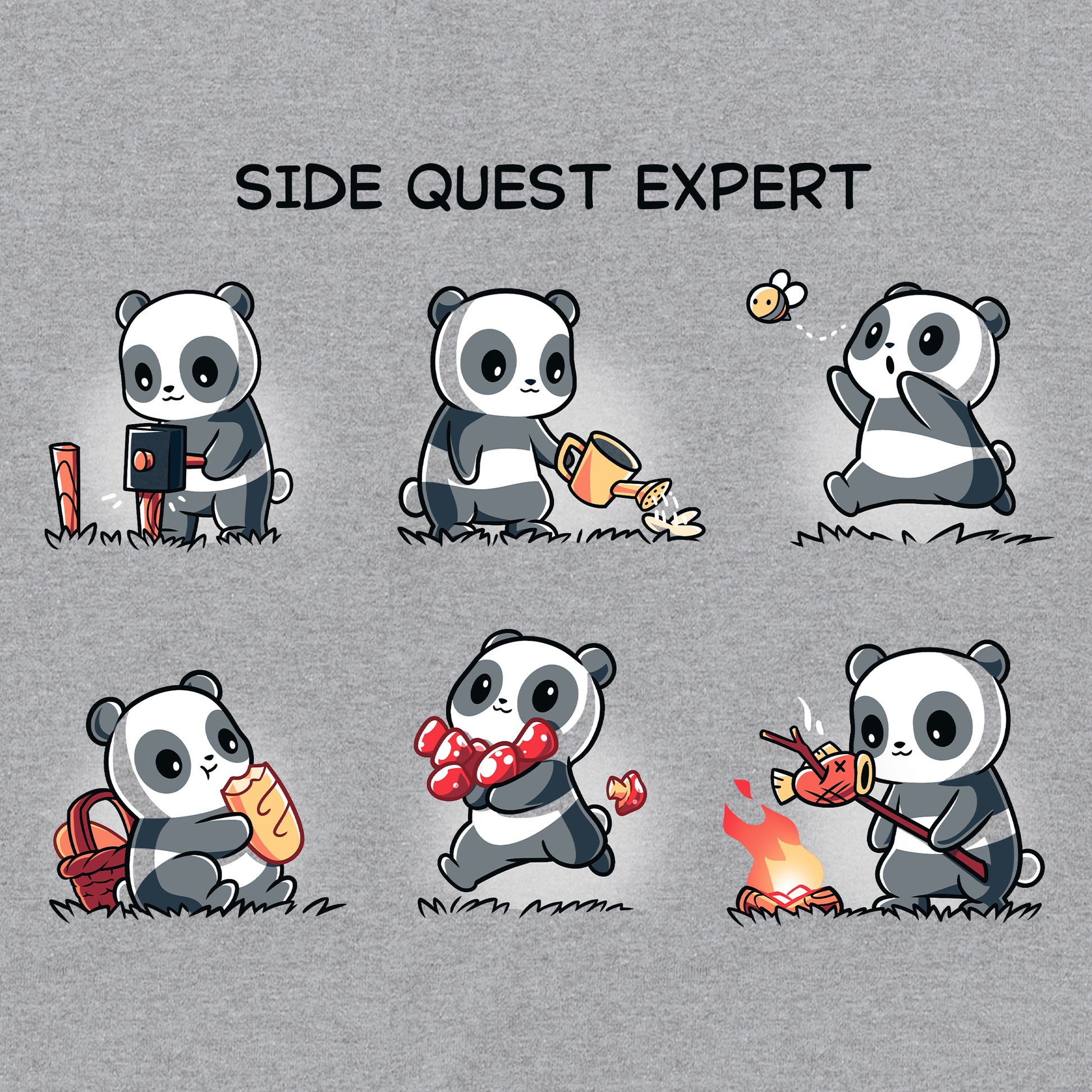 Classic Cotton T-shirt_TeeTurtle Side Quest Expert heather gray t-shirt featuring a panda engaging in various activities such as taking a photo, watering a plant, chasing a bee, gathering food, collecting apples, and cooking over a campfire.