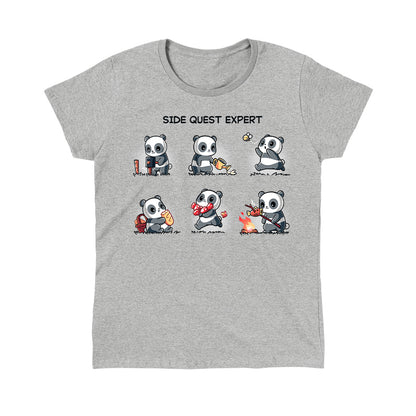 Classic Cotton T-shirt_TeeTurtle Side Quest Expert heather gray t-shirt featuring a panda engaging in various activities such as taking a photo, watering a plant, chasing a bee, gathering food, collecting apples, and cooking over a campfire.