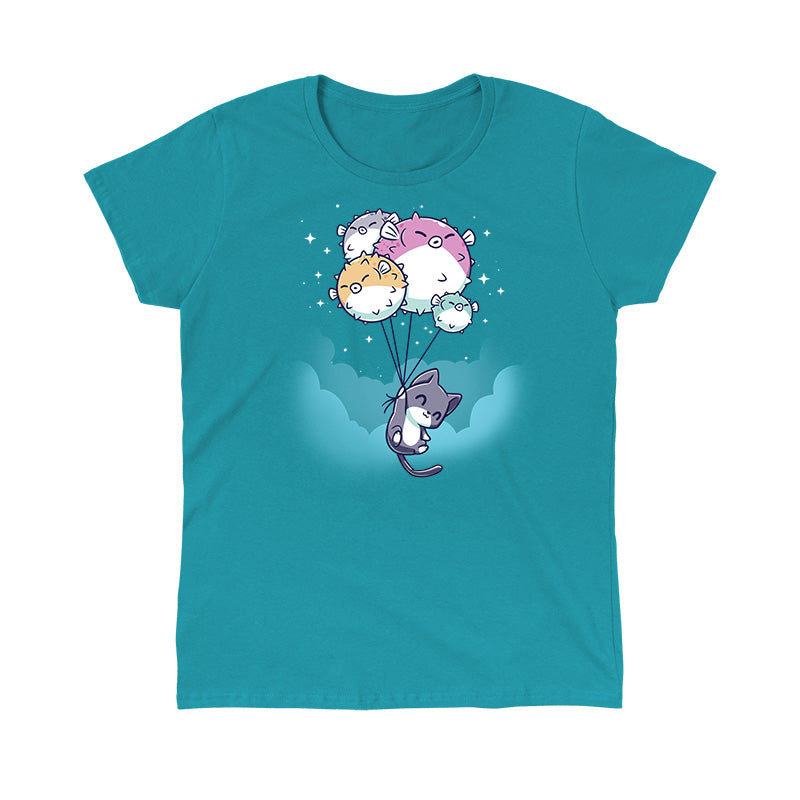 Classic Cotton T-shirt_TeeTurtle Sky High tropical blue t-shirt featuring a cat holding onto strings attached to five pufferfish balloons floating against a turquoise sky.