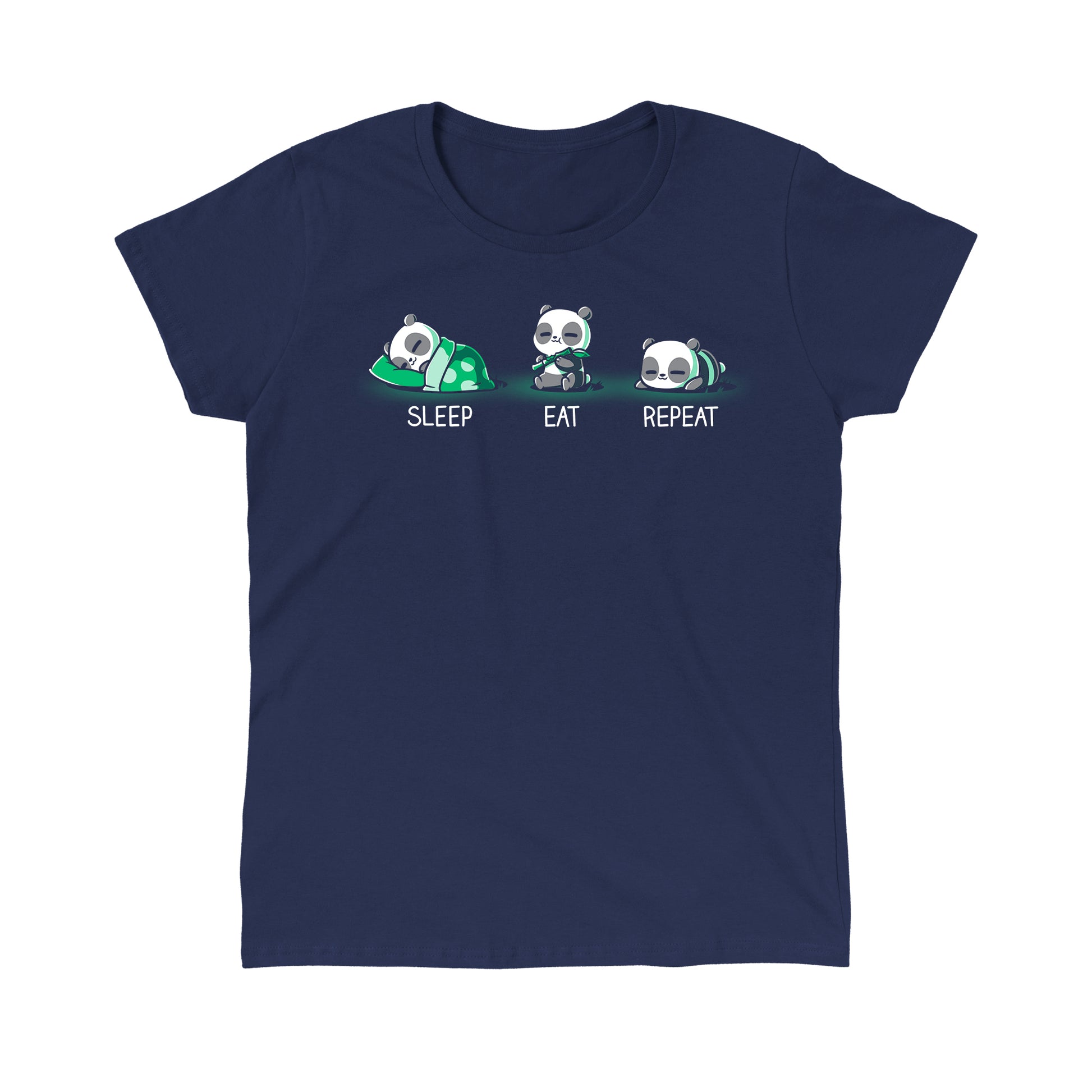 Classic Cotton T-shirt_TeeTurtle navy blue Sleep. Eat. Repeat. Featuring a panda eating, sleeping, and lying down.