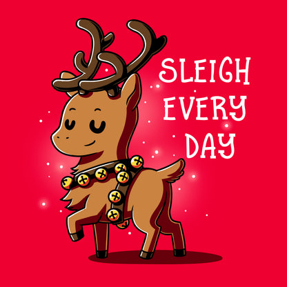 Classic Cotton T-shirt_TeeTurtle Sleigh Every Day red t-shirt featuring a sassy reindeer wearing bell harness with a Christmas pun next to it.